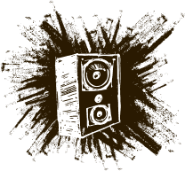 Speaker emitting sound waves, brown and white line art.