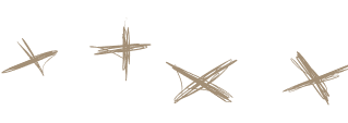 Four tan, scribbled cross shapes on a white background.