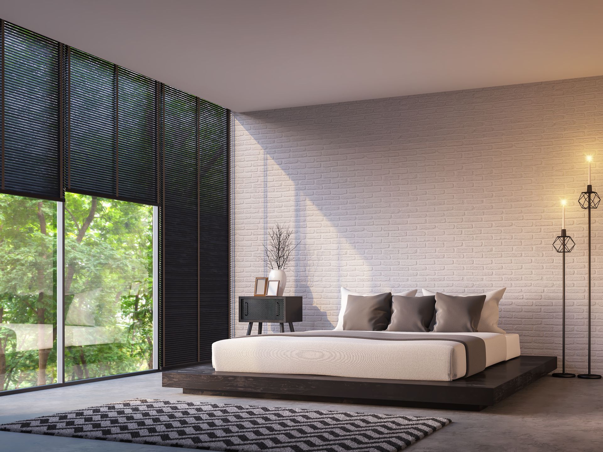 Modern minimalist bedroom with a low bed, dark blinds, large window, and soft neutral decor