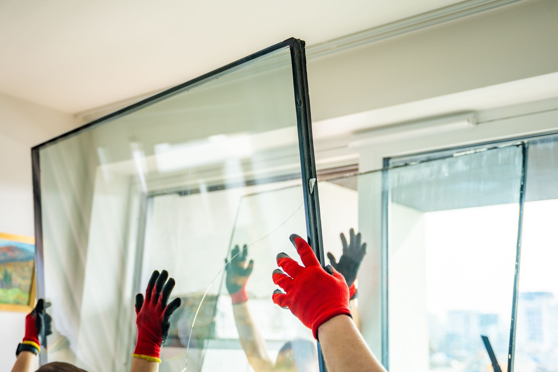 Hands in red gloves installing a large glass window panel indoors