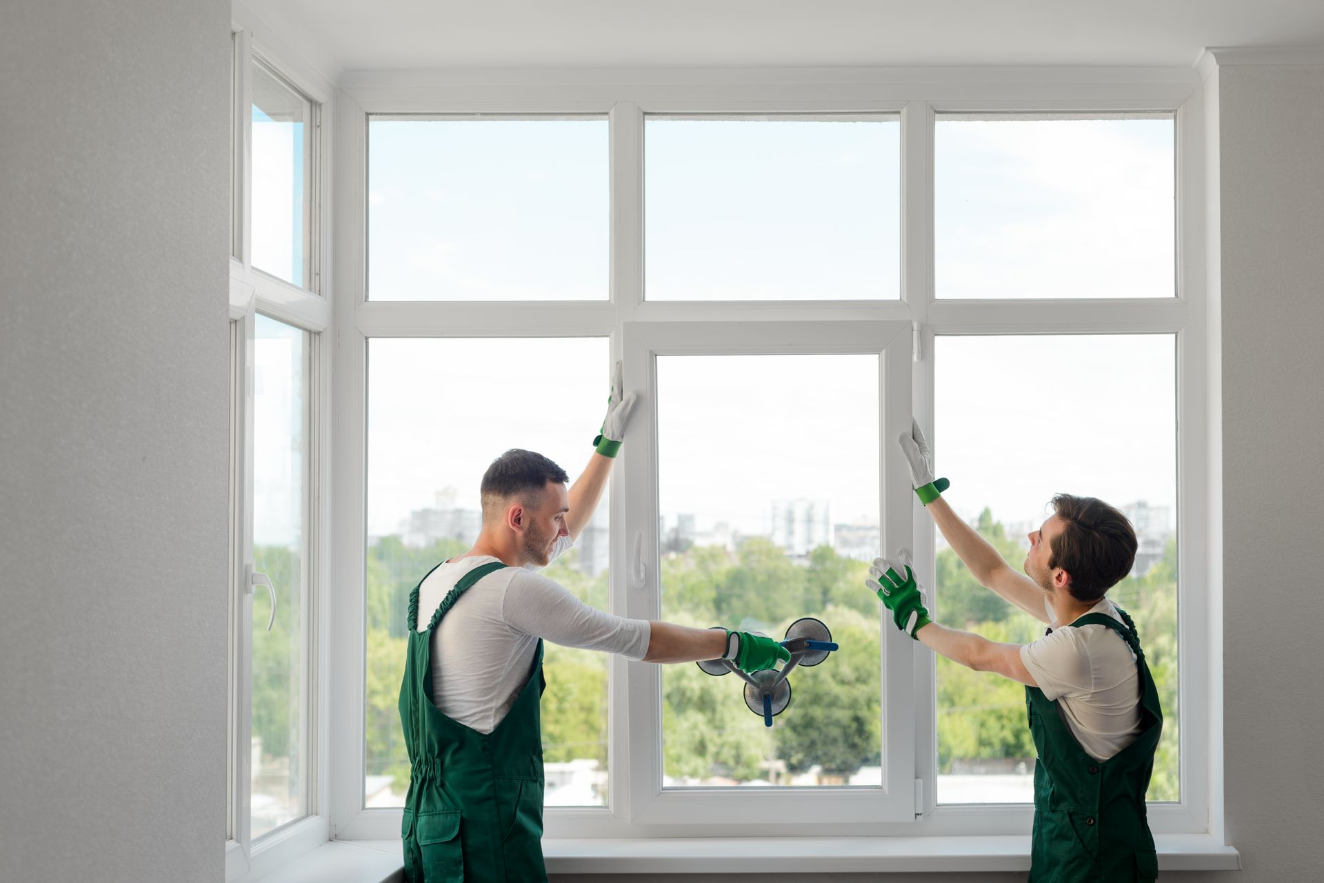 Two cleaners in green overalls wash large white windows in a bright room.