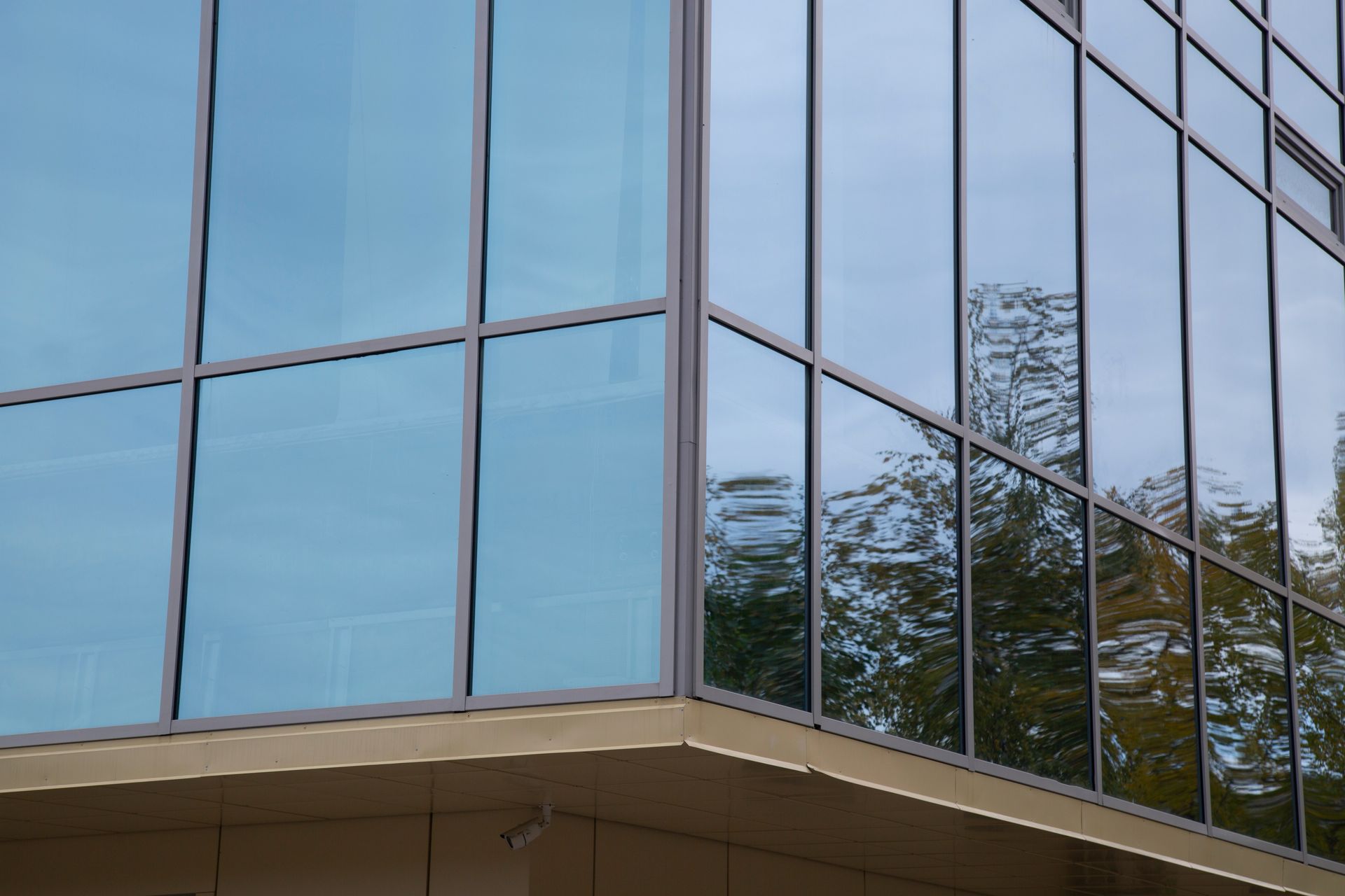 Modern glass office building corner reflecting blue sky and trees