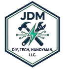JDM logo with hammer, screwdriver, and lightning bolt in a hexagon; reads “DIY, TECH, HANDYMAN, LLC.”