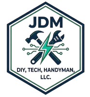 JDM logo with hammer, screwdriver, and lightning bolt in a hexagon; reads “DIY, TECH, HANDYMAN, LLC.”