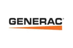 Generac logo: Black text on white background, orange chevron shape beneath the text.