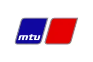 Logo for MTU: Blue and red slanted rectangles with 