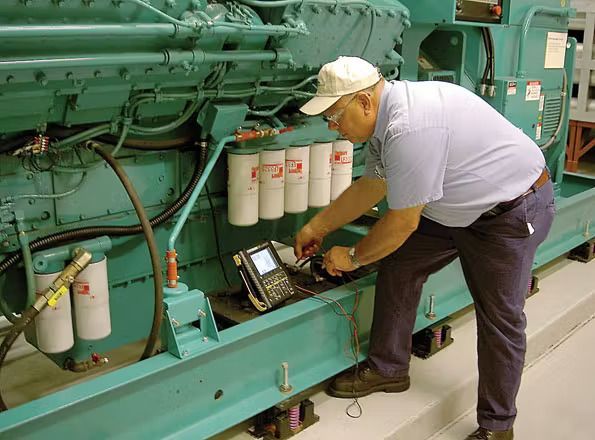 Person checking the oil level in a generator with a dipstick and rag outdoors.