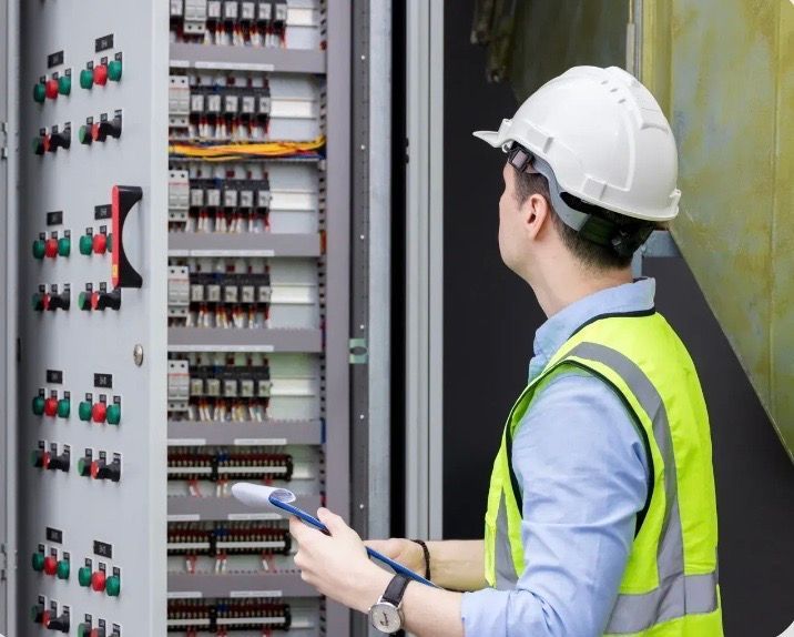 Electrician in hard hat and safety vest inspecting an electrical panel, holding a clipboard.
