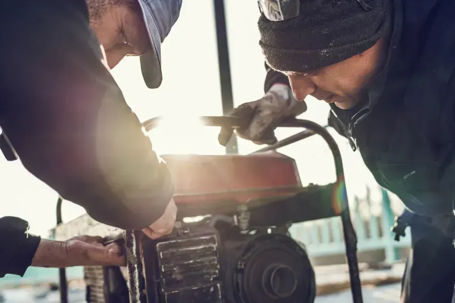 Two workers repairing a generator outdoors; sunlight shines behind them.