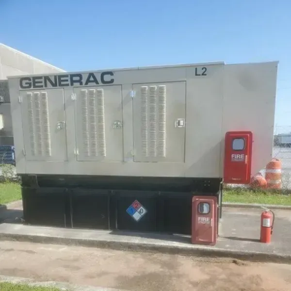 A Generac generator with fire safety equipment in an industrial setting.