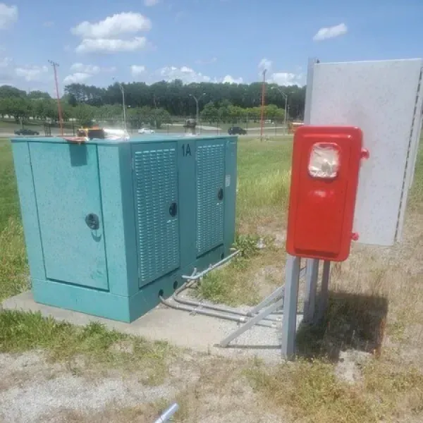 Green utility box and red enclosure, on concrete pad, with a white panel, outdoors.