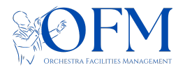 The logo for orchestra facilities management shows a man playing a trumpet.