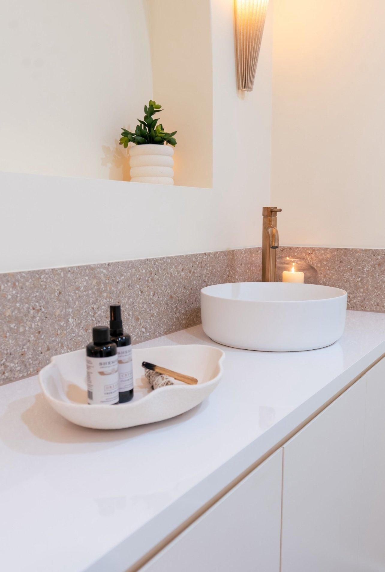 A Bathroom With Two Sinks and a Tray on the Counter — JMB Electrical Services In Port Kembla, NSW