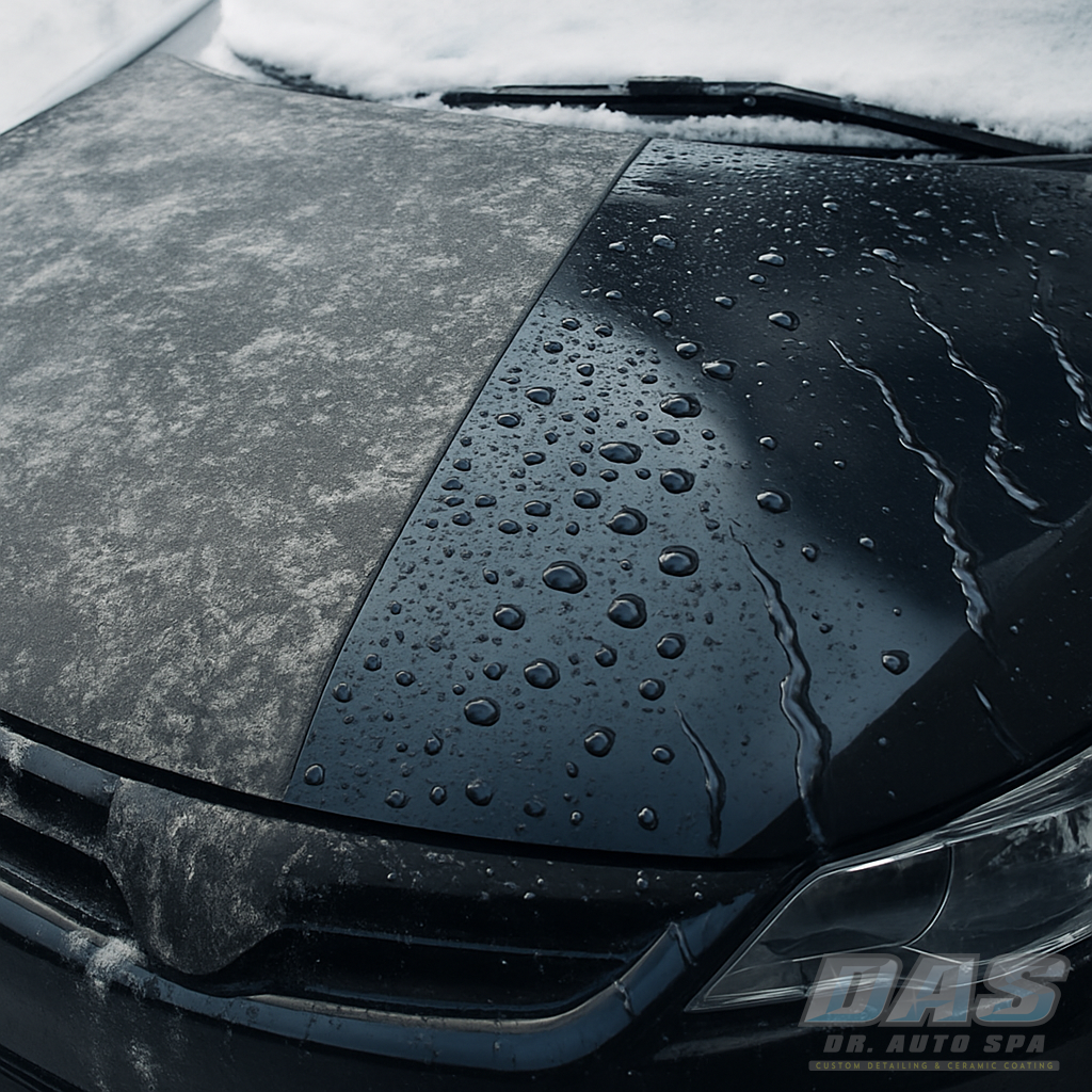 dirty car with road salt and snow on half of the hood and the other half shows water beading