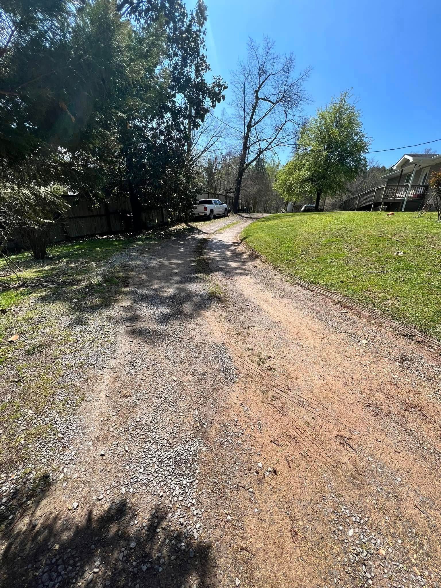 A dirt road going through a grassy field on a sunny day.
