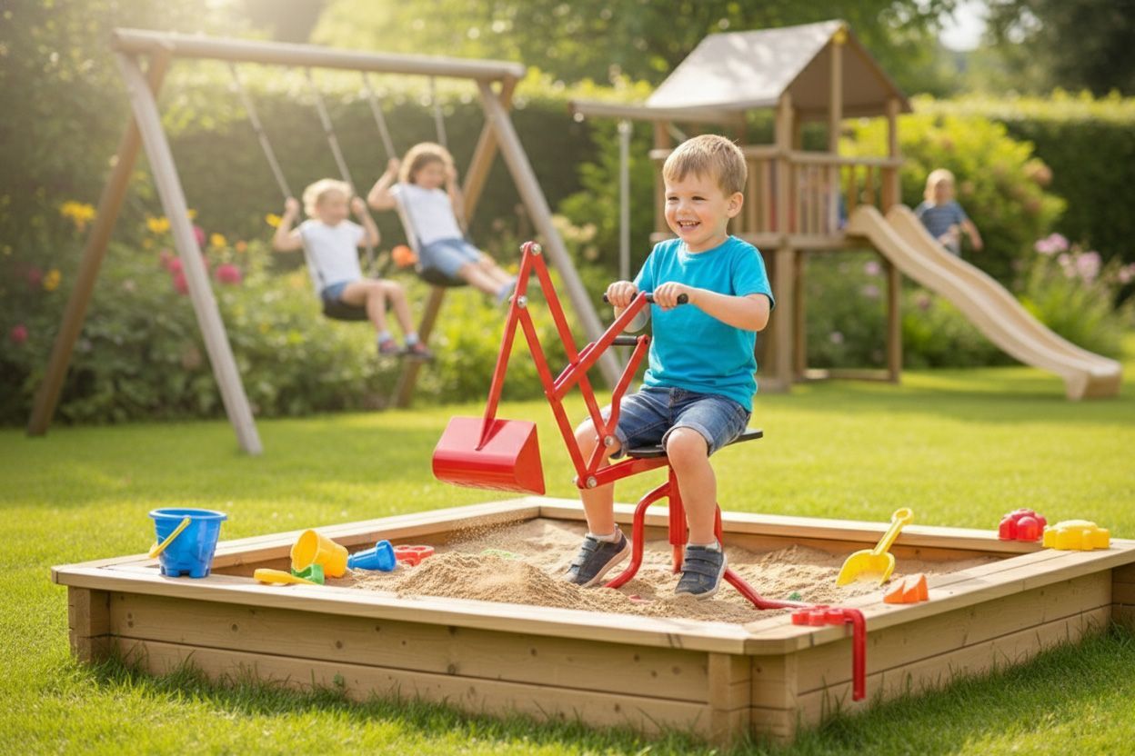Kinder spielen auf einer Wiese in der Nähe eines Gewässers; im Hintergrund ist ein rotes Dino-Cars Go-Kart zu sehen.