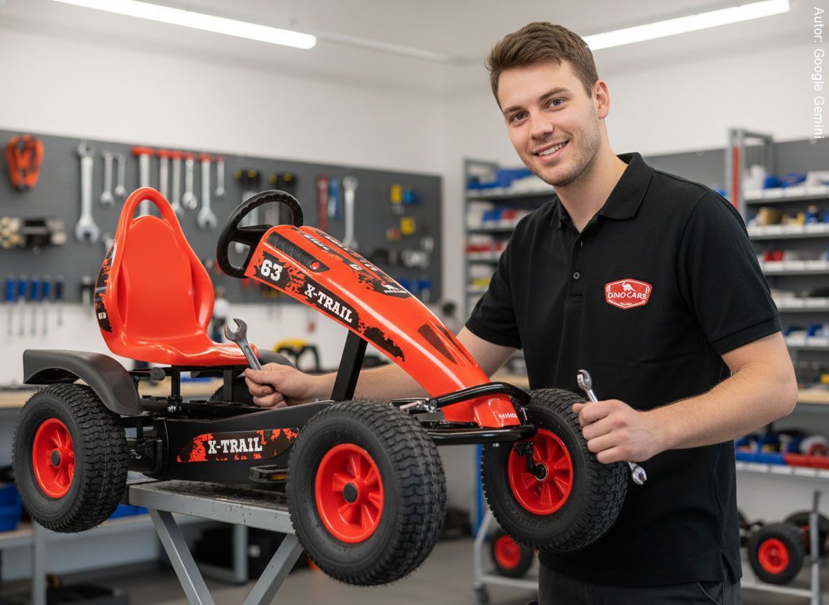 Ein Mann arbeitet lächelnd in einer Werkstatt an einem roten Go-Kart und benutzt dabei Schraubenschlüssel.