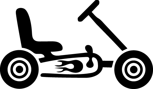 Schwarzes Pedal-Go-Kart mit Flammenaufkleber, Sitz, Lenkrad und Rädern. Kategorie 3-10 Jahre