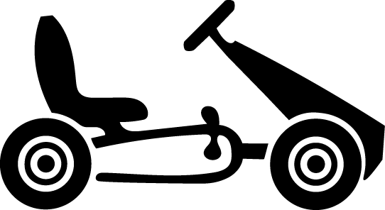 Schwarze Silhouette eines pedalbetriebenen Go-Karts mit Sitz, Lenkrad und Rädern. Kategorie 4-12 Jahre