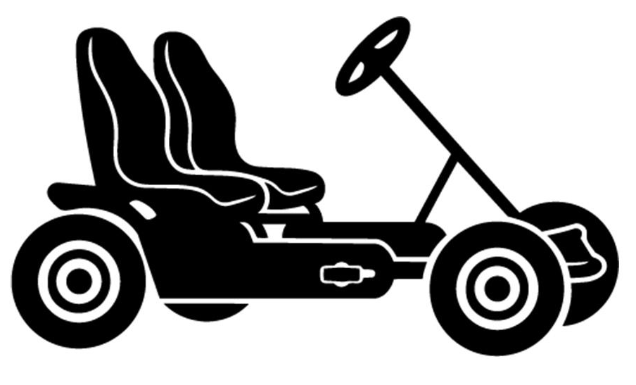 Schwarz-weiße Illustration eines pedalbetriebenen Go-Karts mit zwei Sitzen, einem Lenkrad und vier Rädern.