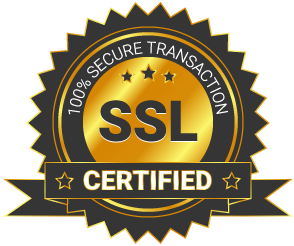 Goldenes und schwarzes SSL-zertifiziertes Siegel mit dem Text „100% sichere Transaktion“.