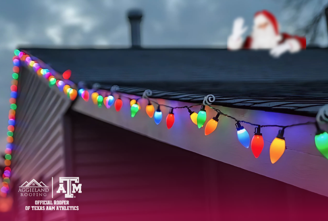 A close-up of colorful Christmas lights securely attached along the edge of a roof at dusk