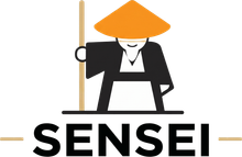 Black-and-white sensei icon with orange hat and staff above the word &ldquo;SENSEI&rdquo;
