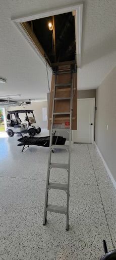 Garage interior with an attic access ladder deployed, a golf cart, and a white door.