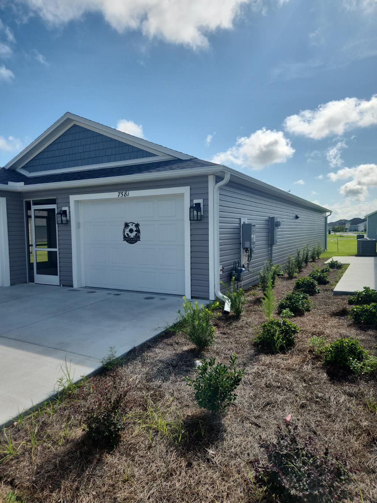 Garage with a white door, blue roof, and small bushes under a blue sky.