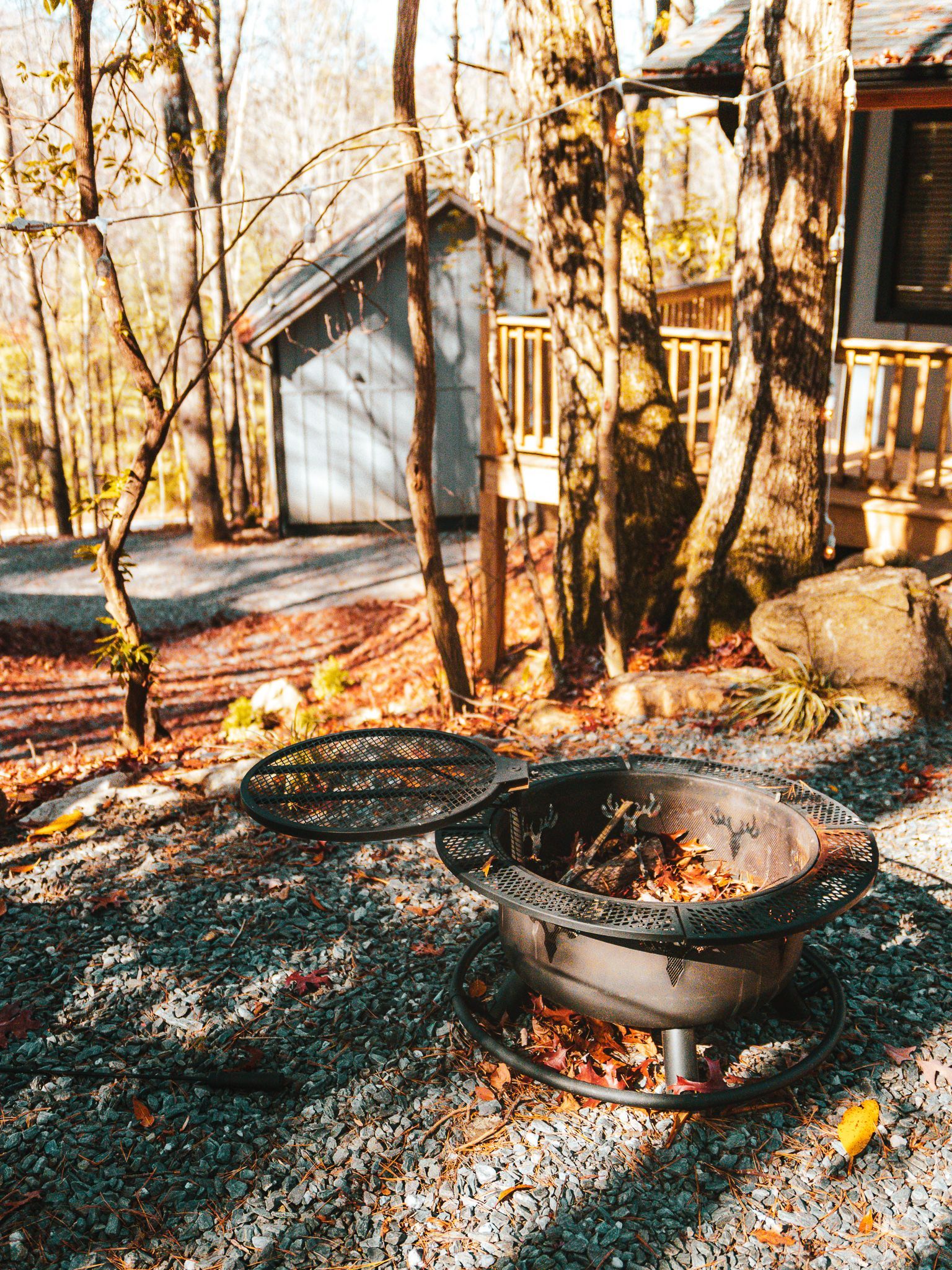 Fire pit with leaves and trees in a forest setting, small blue building in the background.