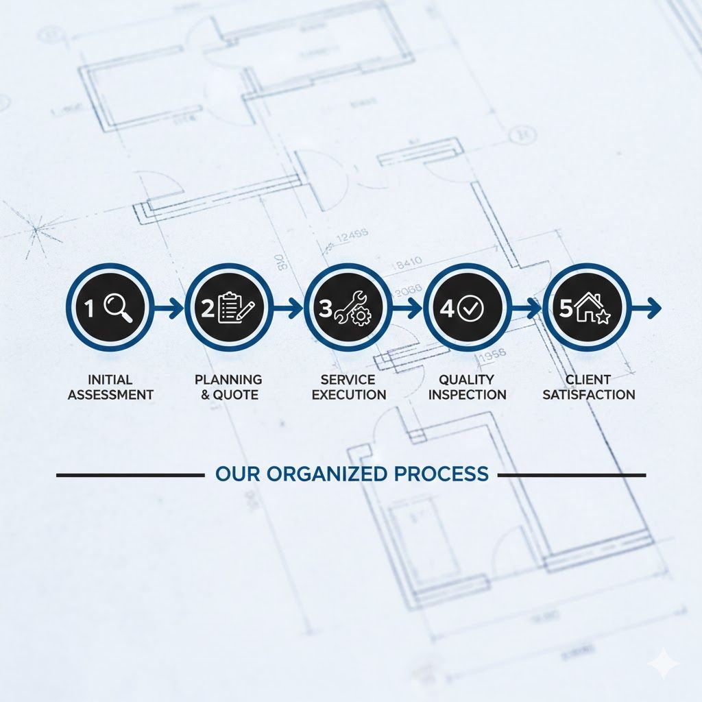 Diagram showing a 5-step process: Initial Assessment, Planning & Quote, Service Execution, Quality Inspection, and Client Satisfaction, over a blueprint.