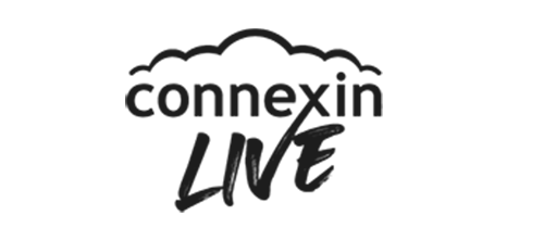 A black and white logo for connexion live with a cloud in the background.