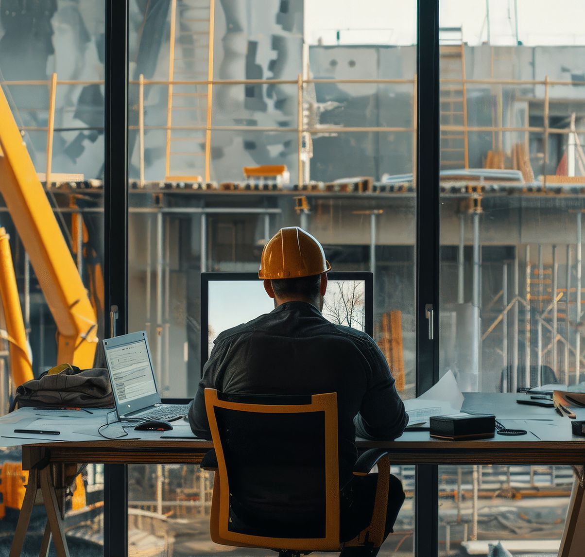 A man wearing a hard hat is sitting at a desk with a laptop.