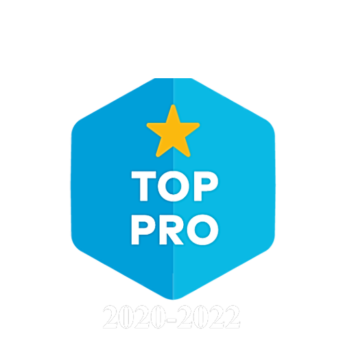 A blue hexagon with the words top pro on it