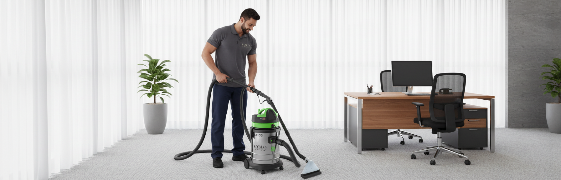 Um homem aspira o carpete do escritório perto de uma mesa. Ao fundo, vê-se uma janela com persianas brancas.