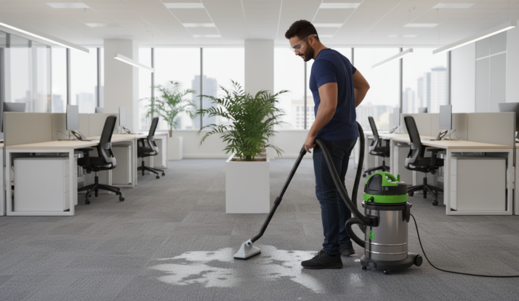 Homem aspirando água do carpete do escritório. Mancha molhada em carpete cinza, aspirador prateado. Escritório branco com divisórias.