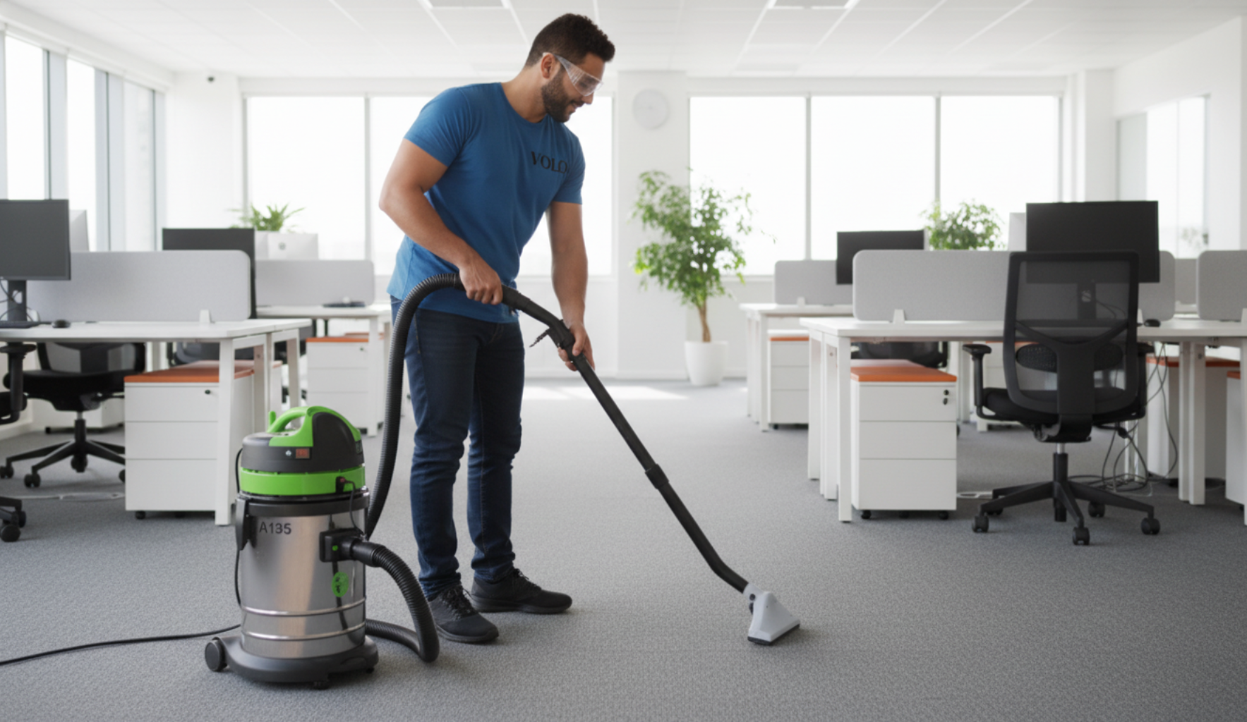 Homem aspirando o carpete em um escritório com estações de trabalho e luz natural.