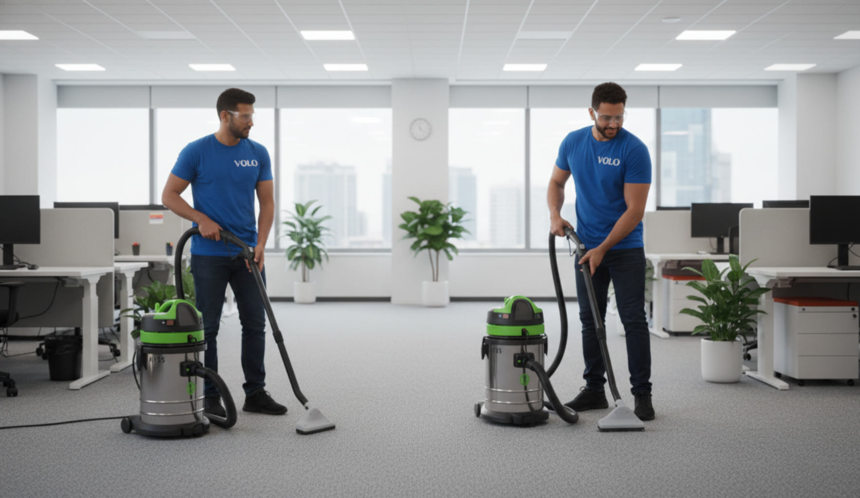 Dois homens aspirando o carpete de um escritório com aspiradores verdes e prateados; escritório moderno e ensolarado.