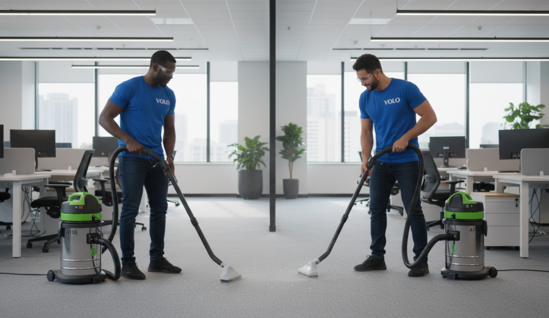 Dois homens de camisa azul aspirando o chão de um escritório, usando aspiradores de pó verdes e prateados.