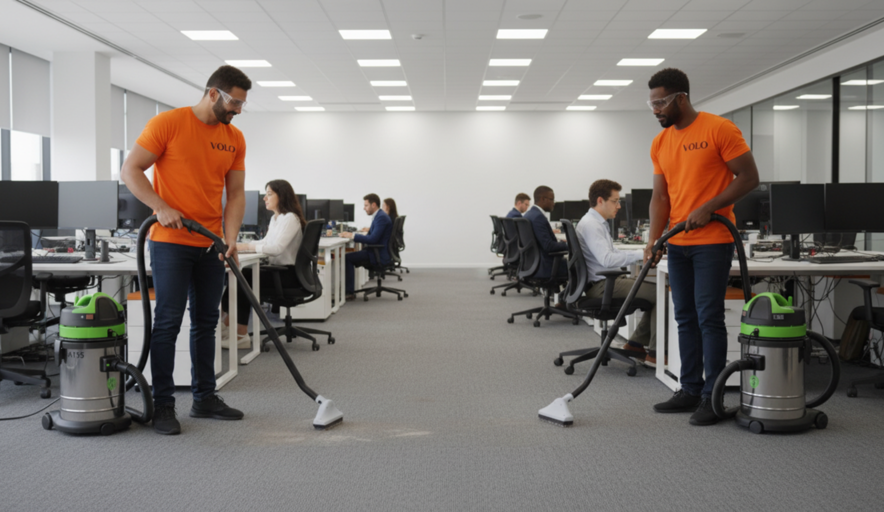 Duas pessoas vestindo camisetas laranjas estão aspirando o carpete de um escritório, com mesas e funcionários sentados visíveis ao fundo.