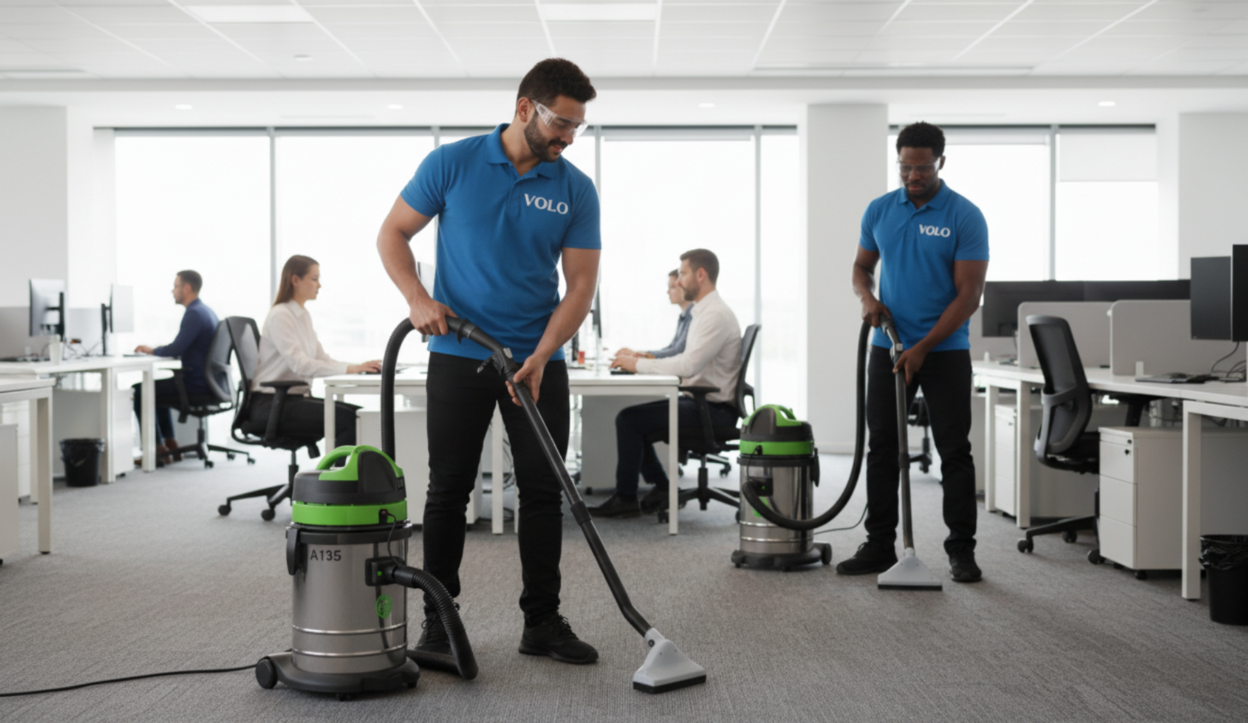 Duas pessoas vestindo camisas azuis aspirando um escritório com funcionários sentados às suas mesas.
