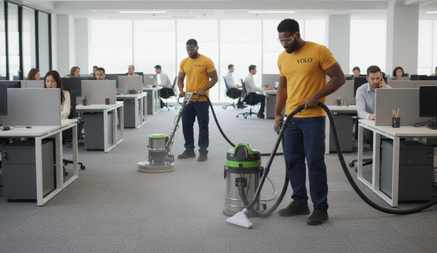 Duas pessoas limpando o carpete de um escritório com aspirador de pó e produto de limpeza para pisos. Os funcionários trabalham em suas mesas.