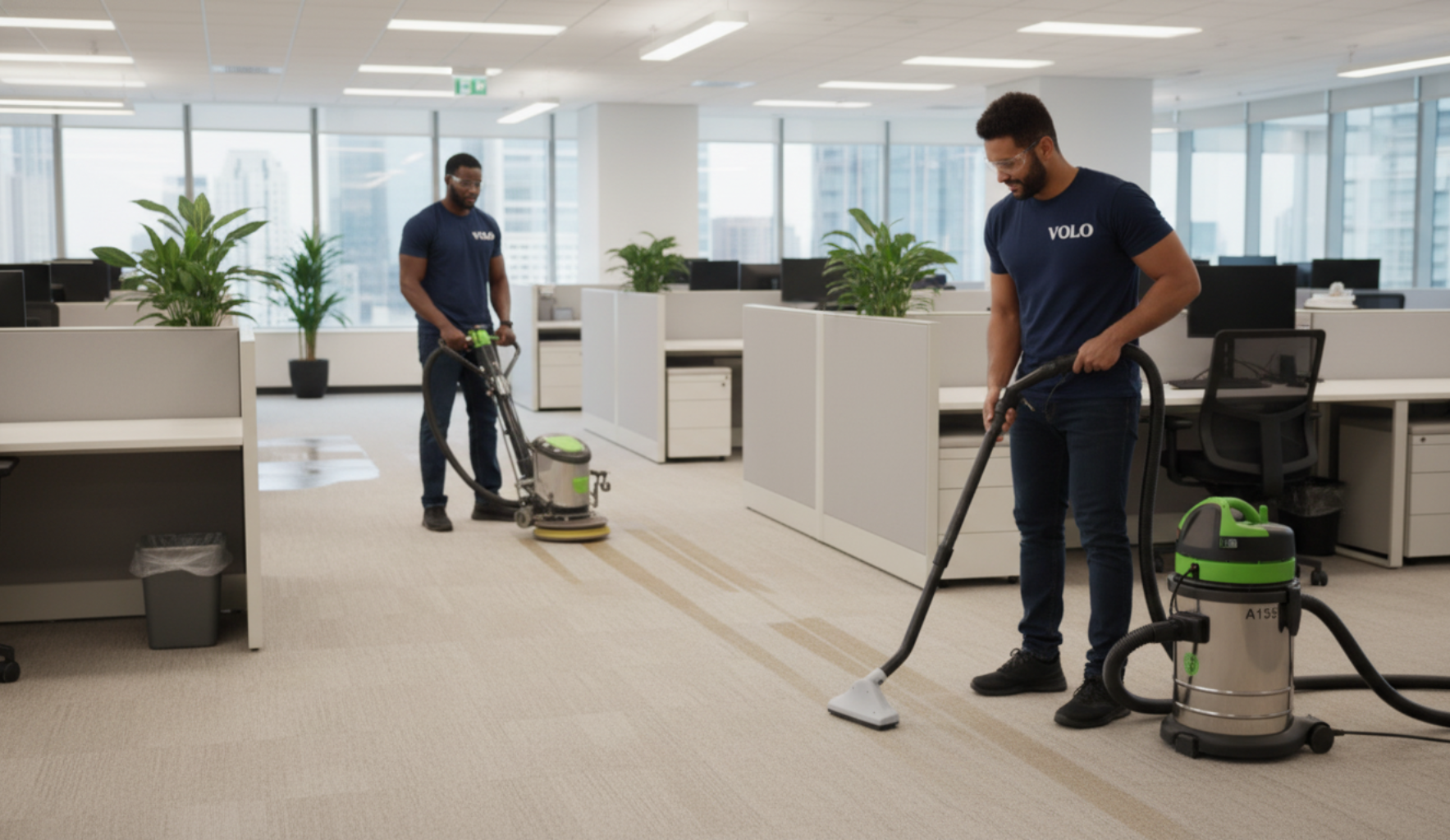 Duas pessoas limpando o carpete de um escritório com máquinas de limpeza industriais.