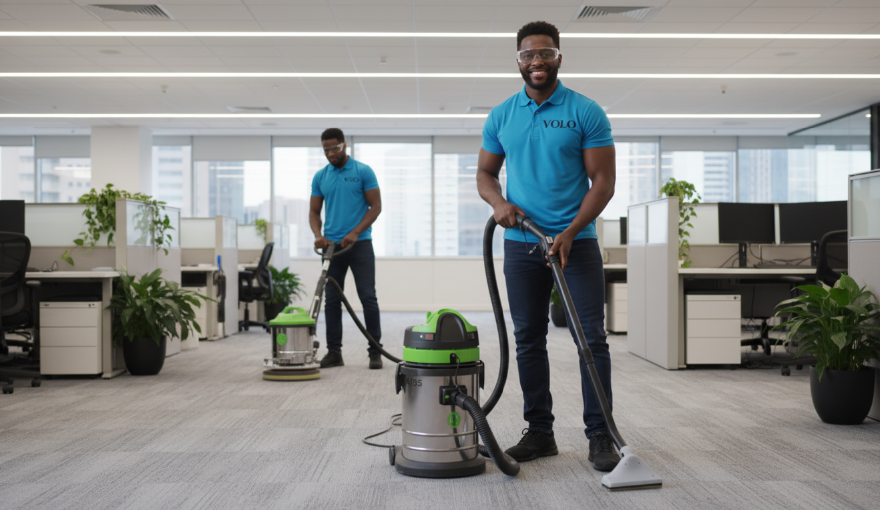 Duas pessoas aspirando o pó em um escritório comercial. Uma delas sorri para a câmera, segurando a mangueira do aspirador.