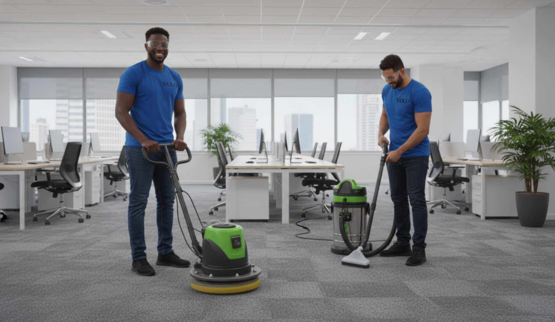 Duas pessoas limpando o carpete de um escritório com uma enceradeira e um aspirador de pó, ambas vestindo camisas azuis.