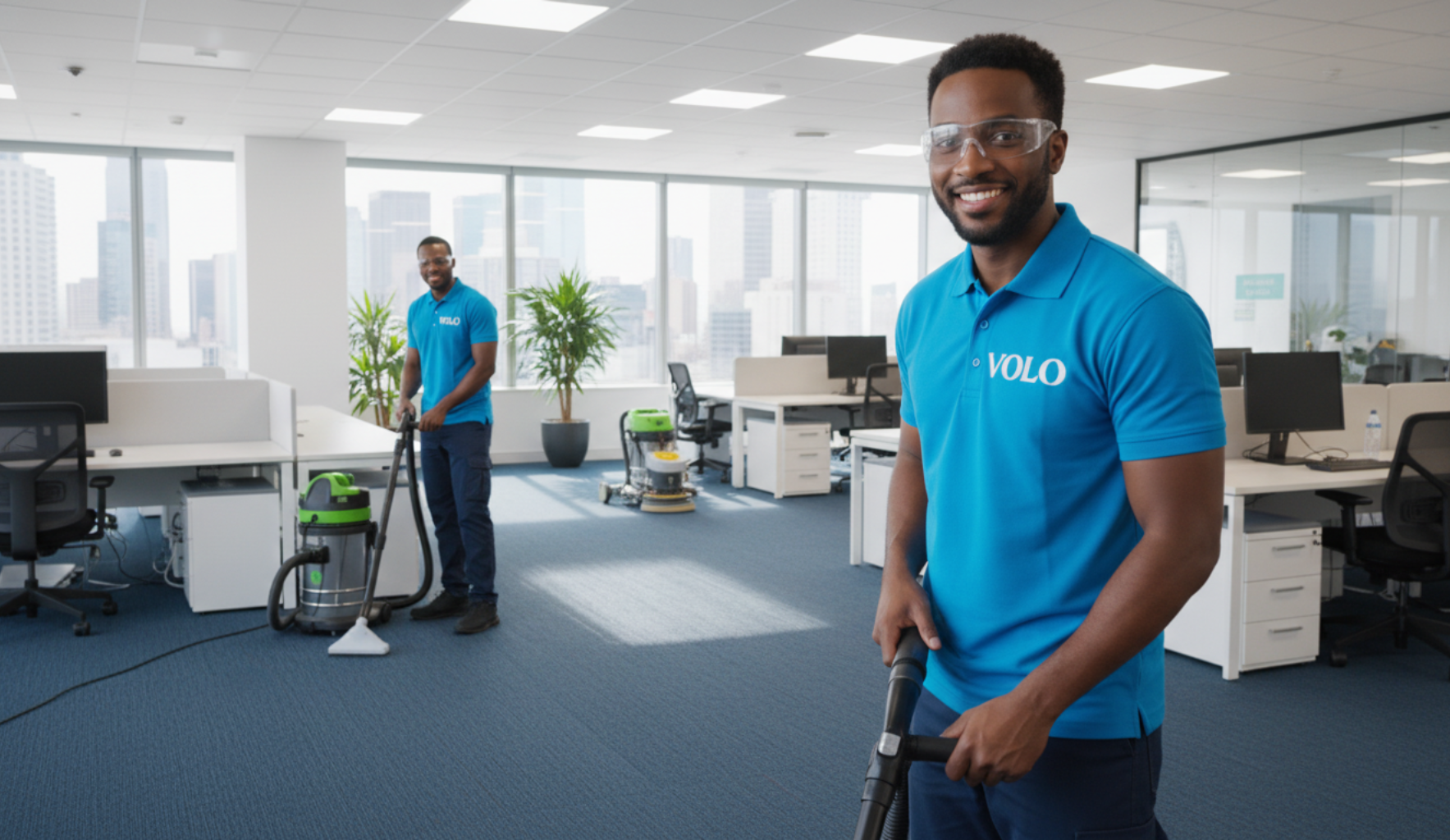 Duas pessoas limpando o carpete de um escritório. Uma sorri e segura uma máquina; a outra usa um aspirador de pó.