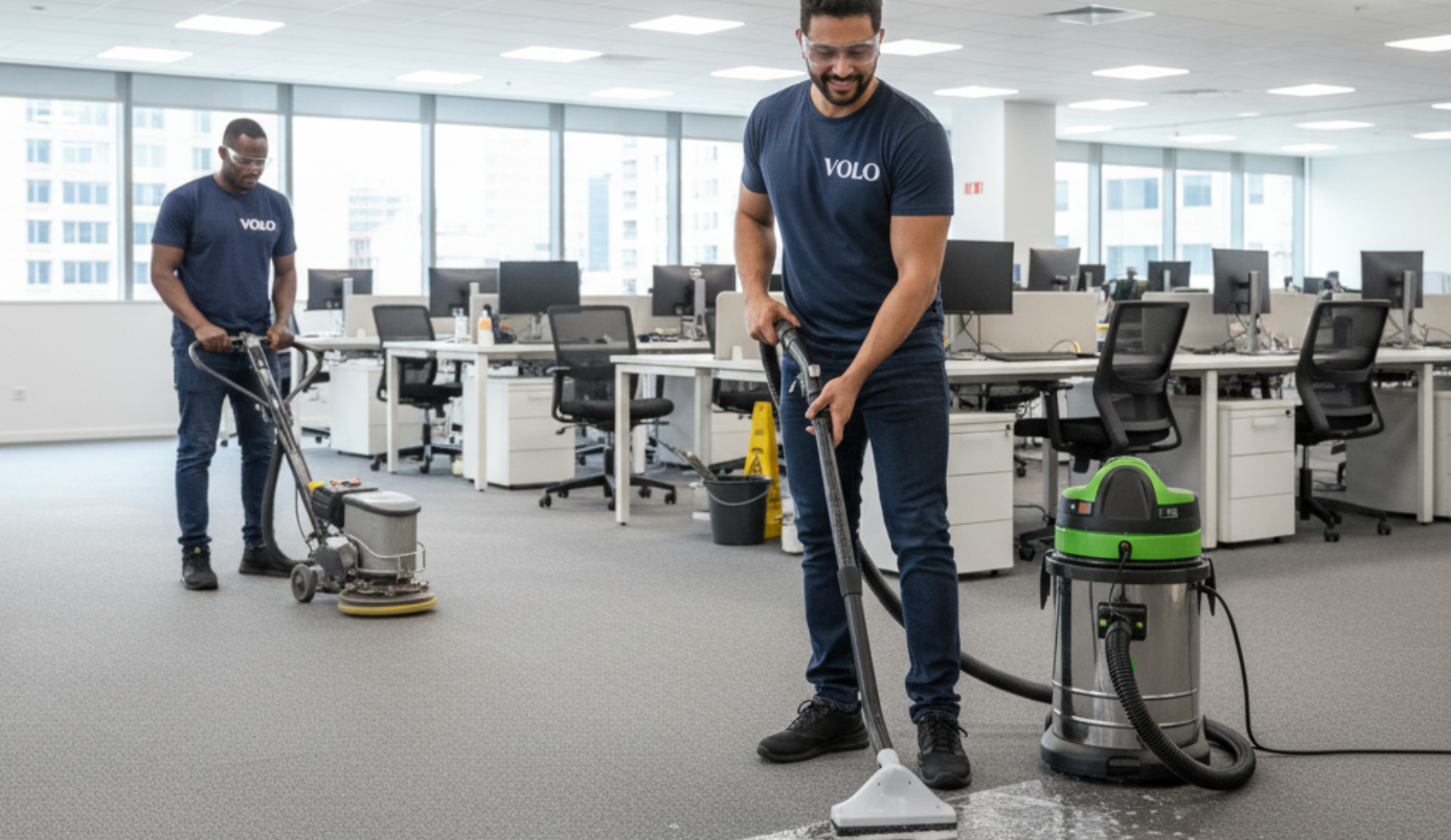 Duas pessoas limpando o carpete de um escritório. Uma usa um aspirador de pó, a outra uma lavadora de pisos. O ambiente é moderno e de planta aberta.