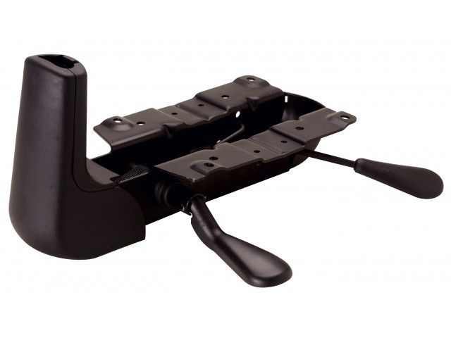 Mecanismo de cadeira de escritório preto com duas alavancas e suportes de montagem.