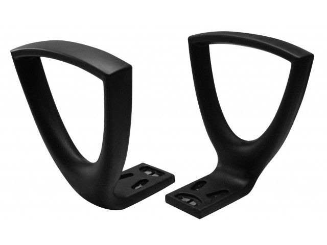 Apoios de braço de cadeira em plástico preto com placas de montagem.