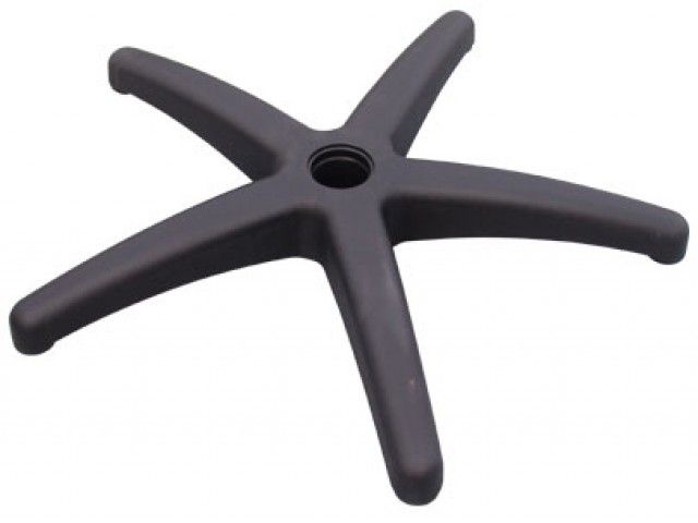 Base preta de cadeira de escritório com cinco pontos de apoio, sobre fundo branco.